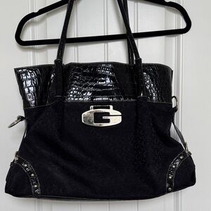 Elegant Black Tote Bag with Croc-Embossed Trim
